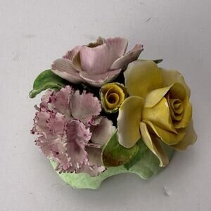 Vintage Basket of Porcelain Roses and Carnations Denton Bone China England